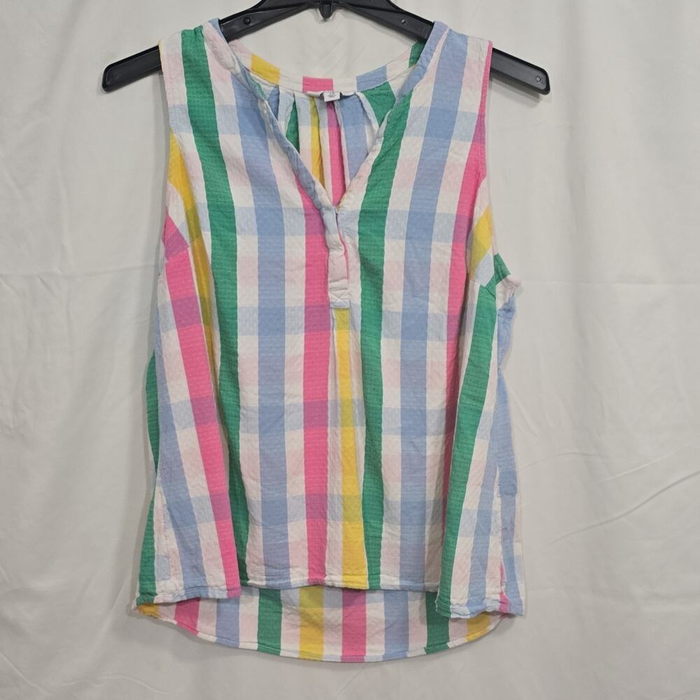 Crown & Ivy Womens 1X Multicolor Plaid Sleeveless Split Neck Rayon Blouse